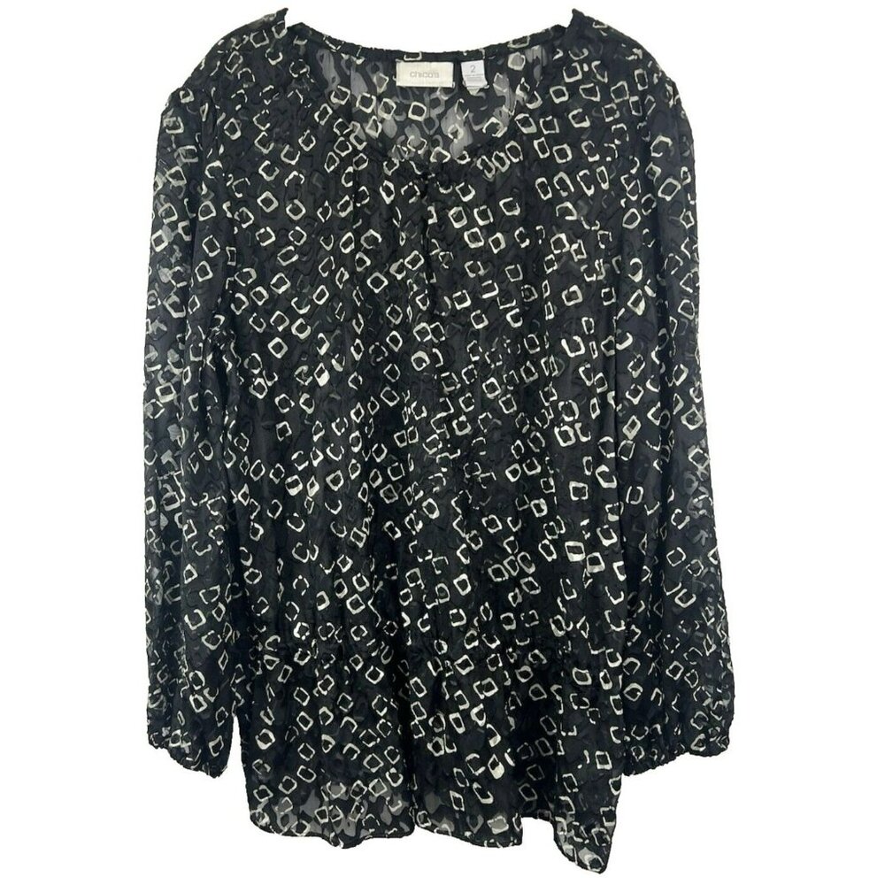 Chico's Women's Top Size 2 US L Sheer Black Ivory‎ Pullover Long Sleeve Chiffon